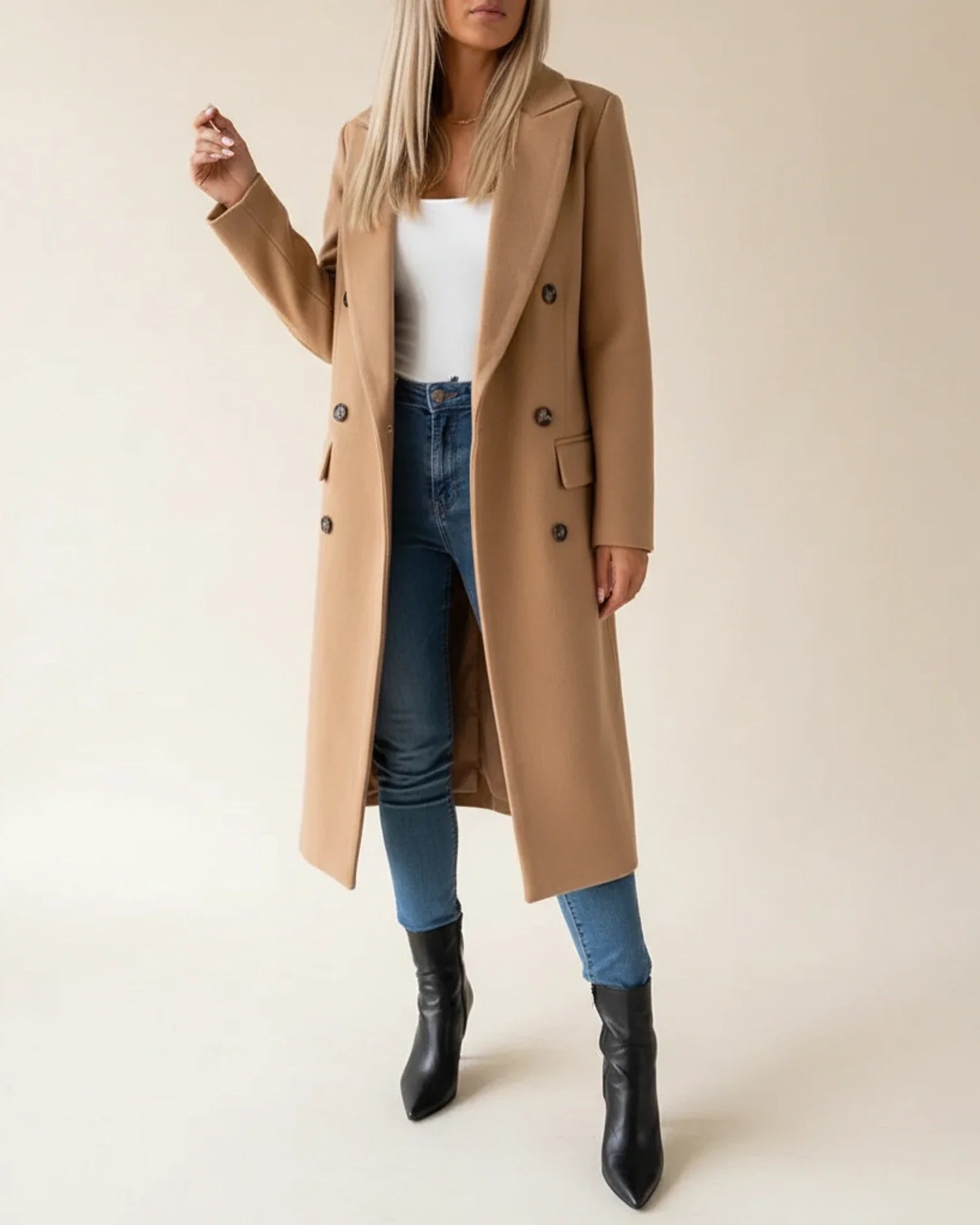 Women's pink double-breasted long trench coat with notch lapels for workwear layering