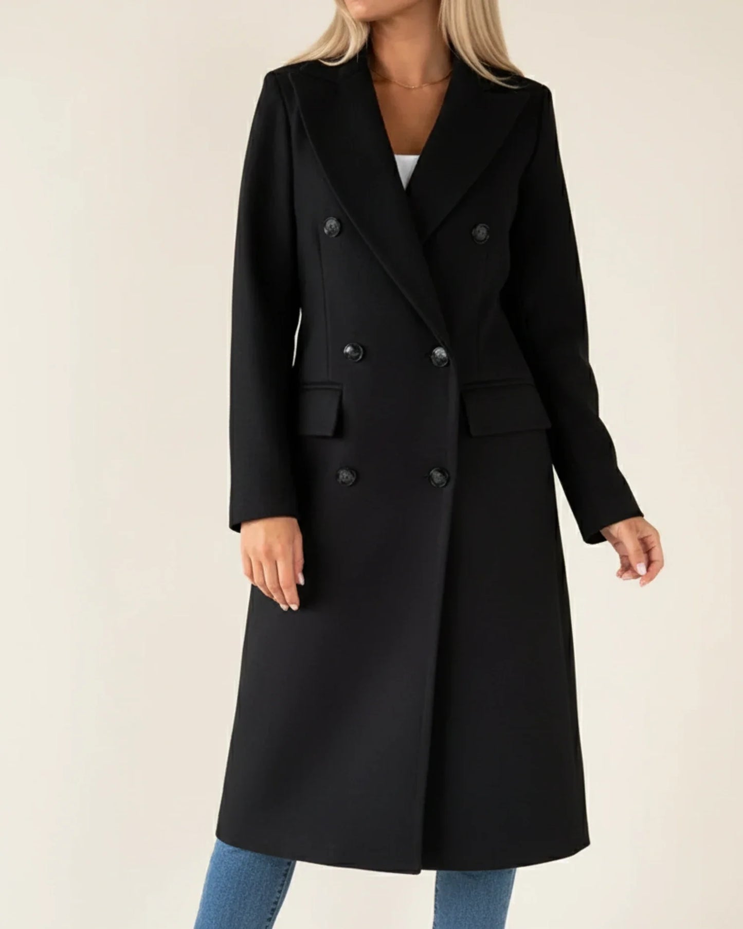 Women's pink double-breasted long trench coat with notch lapels for workwear layering