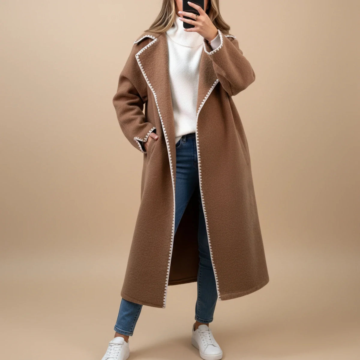 Women's longline duster coat relaxed fit open front with contrast trim detailing