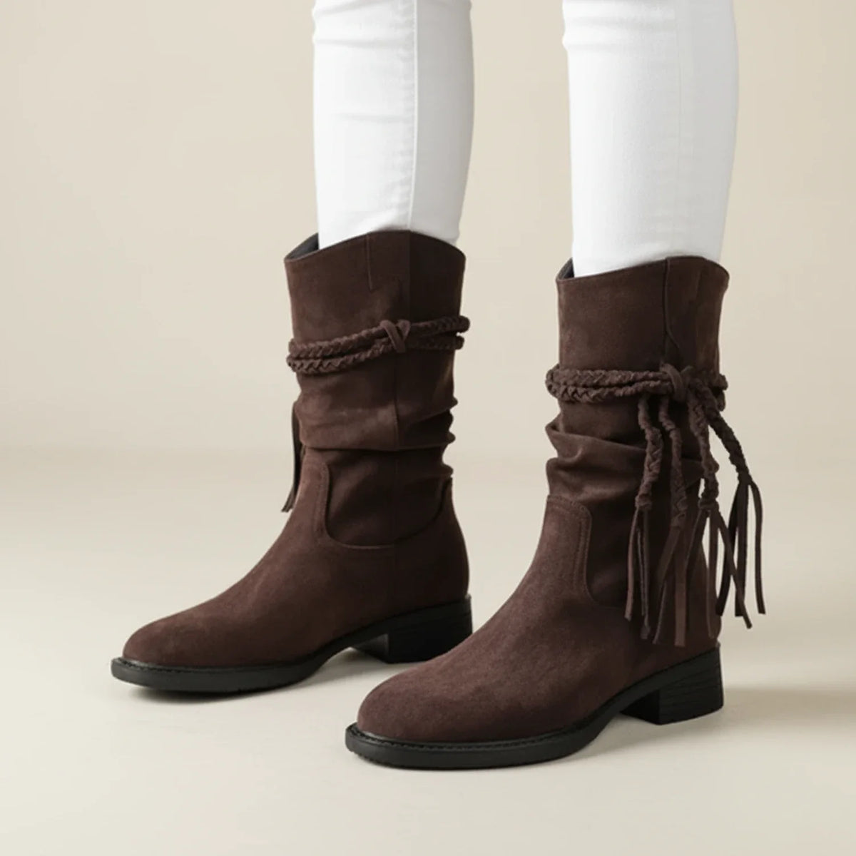 Women's brown suede slouch mid-calf boots with boho Western-inspired design and soft matte finish