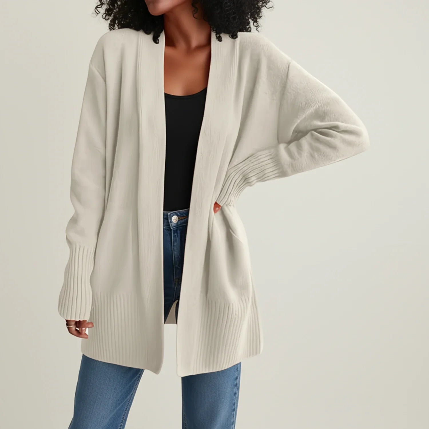 Women's mid-length open front cardigan relaxed fit cozy knit layering essential with ribbed trim
