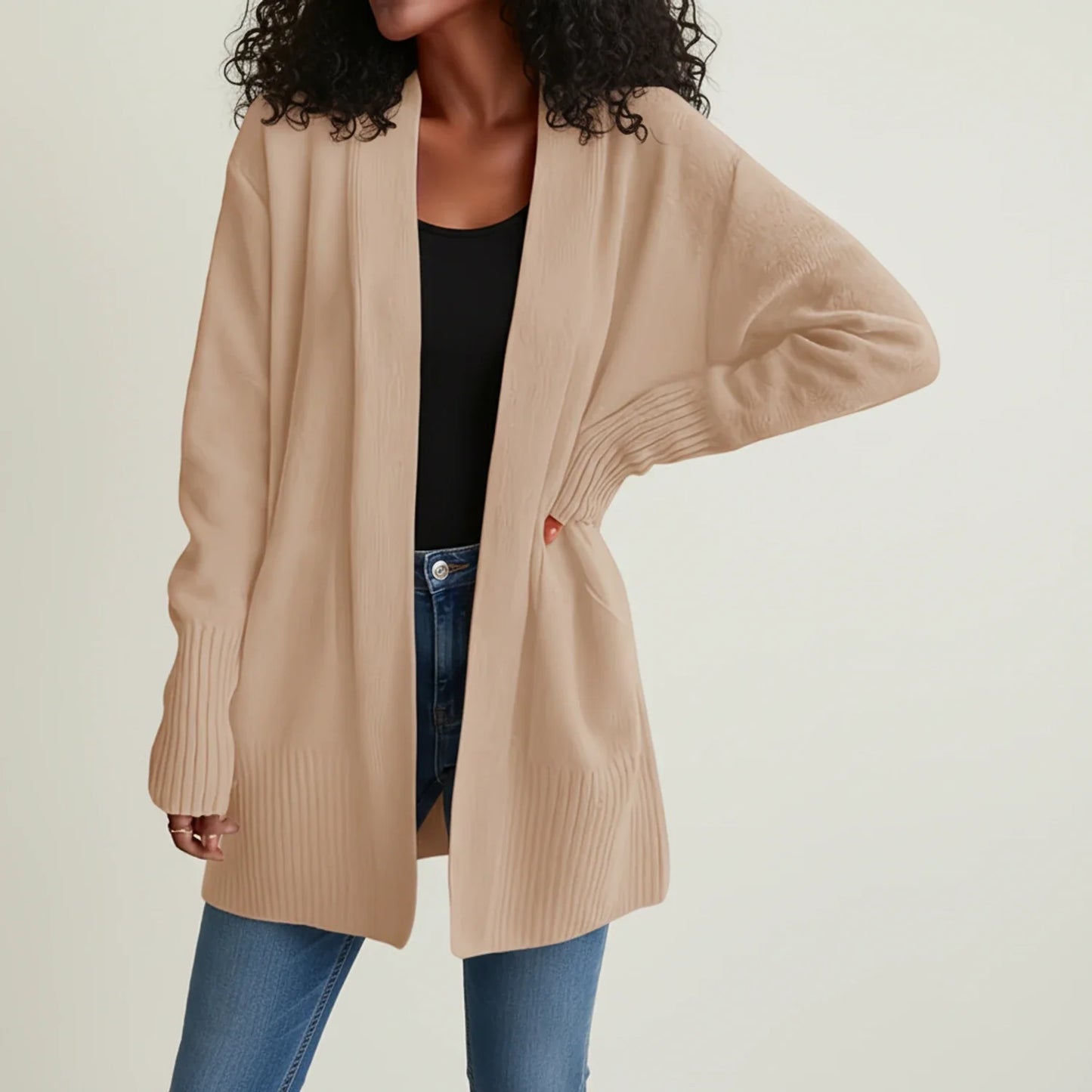 Women's mid-length open front cardigan relaxed fit cozy knit with ribbed trim layering essential