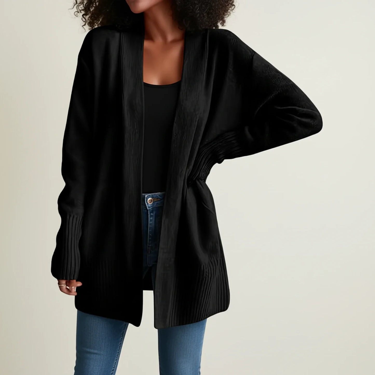 Women's mid-length open front cardigan relaxed fit cozy knit ribbed trim layering essential