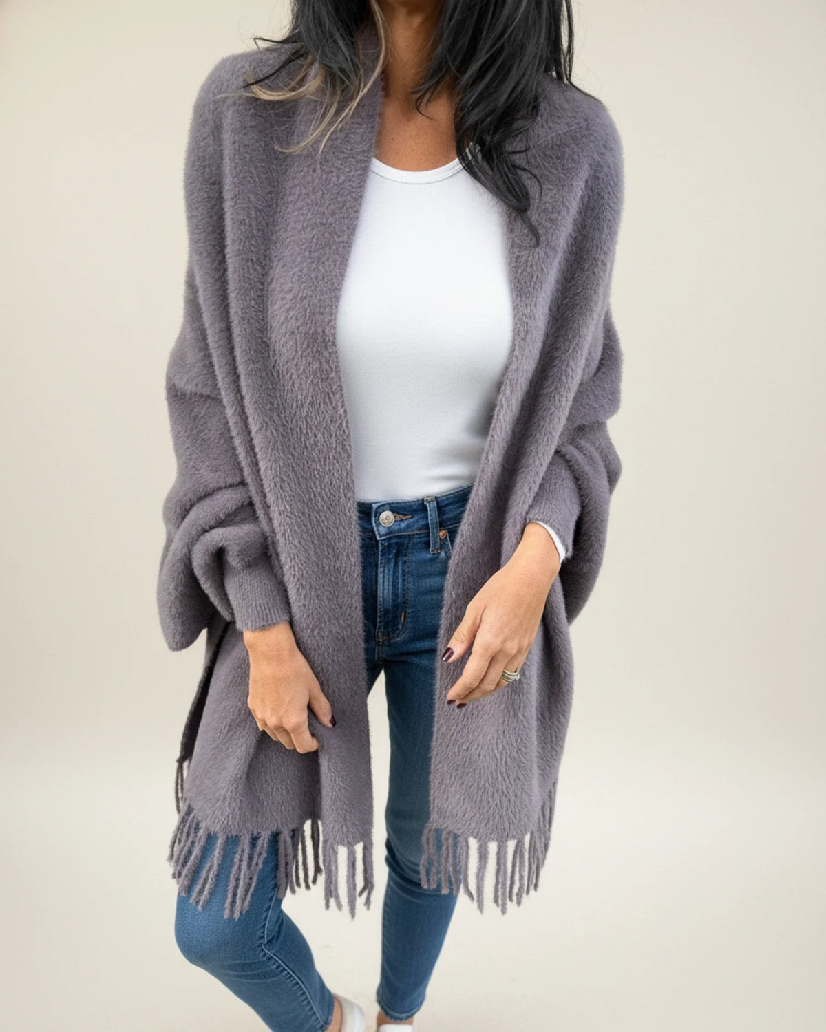 Women's relaxed fit open front winter cardigan with fringe trim and shawl collar layering piece