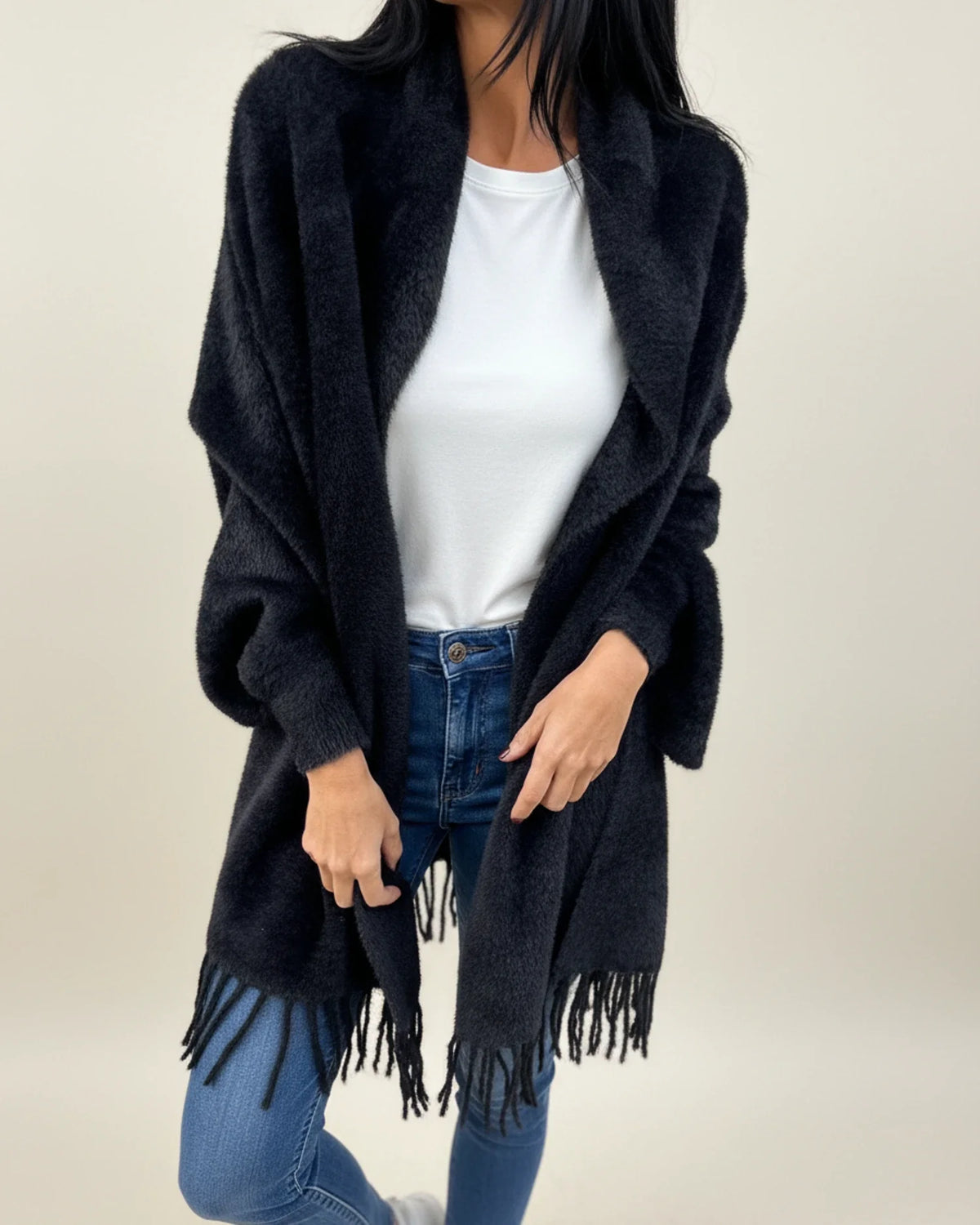 Women's relaxed fit open front winter cardigan with fringe trim and shawl collar layering piece