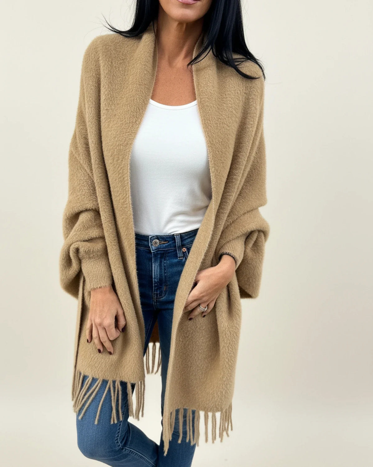 Women's relaxed fit open front winter cardigan with fringe trim and shawl collar layering piece