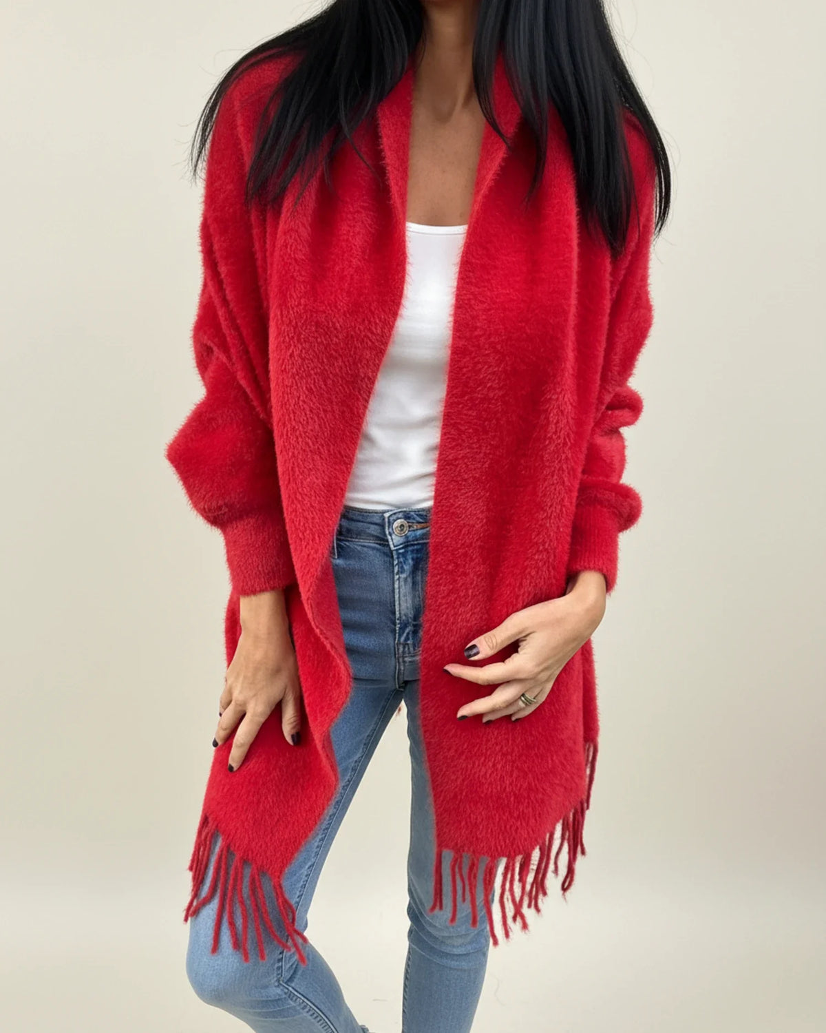 Women's relaxed fit open front winter cardigan with fringe trim and shawl collar layering piece