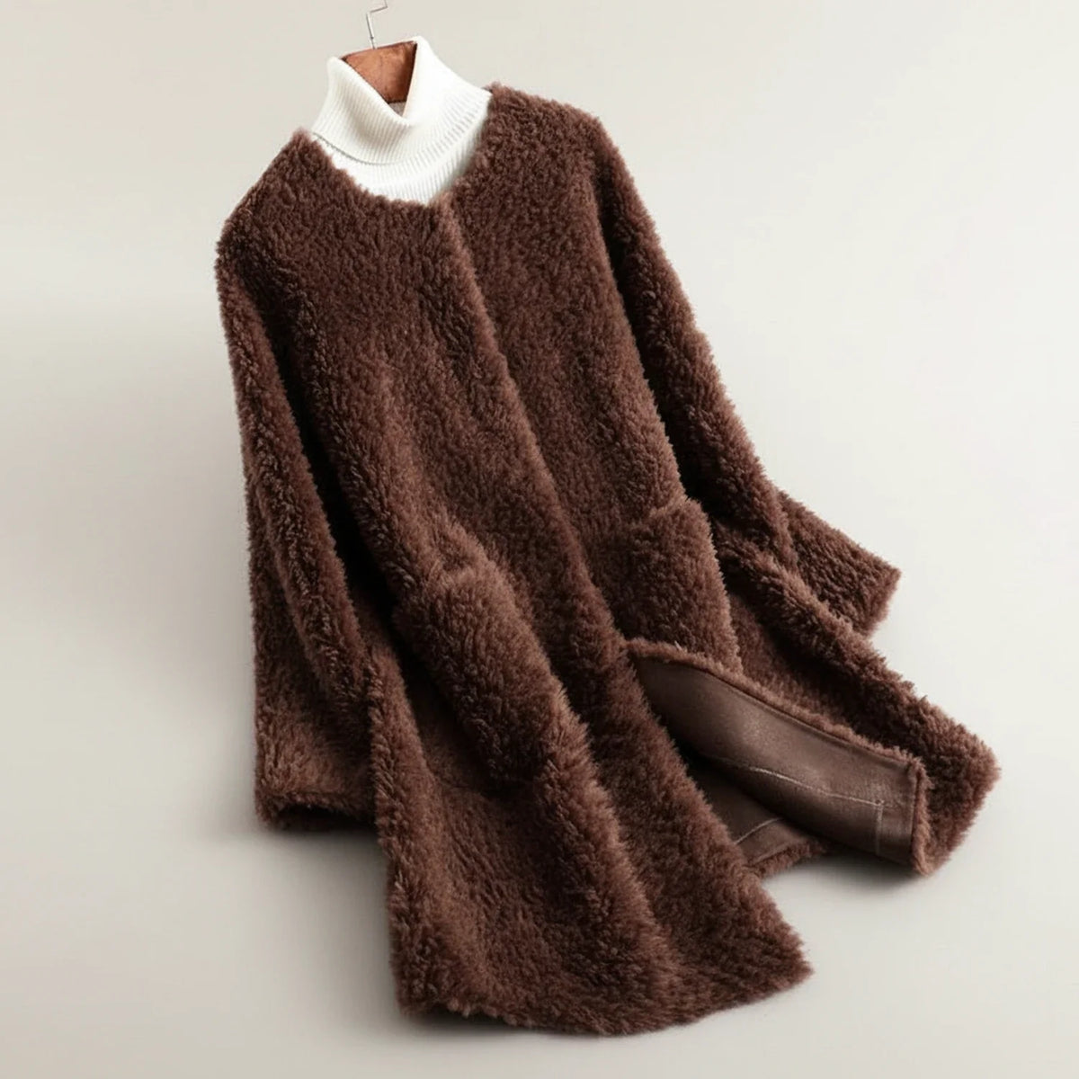 Women's camel open front teddy coat long collarless silhouette cozy fleece layering style