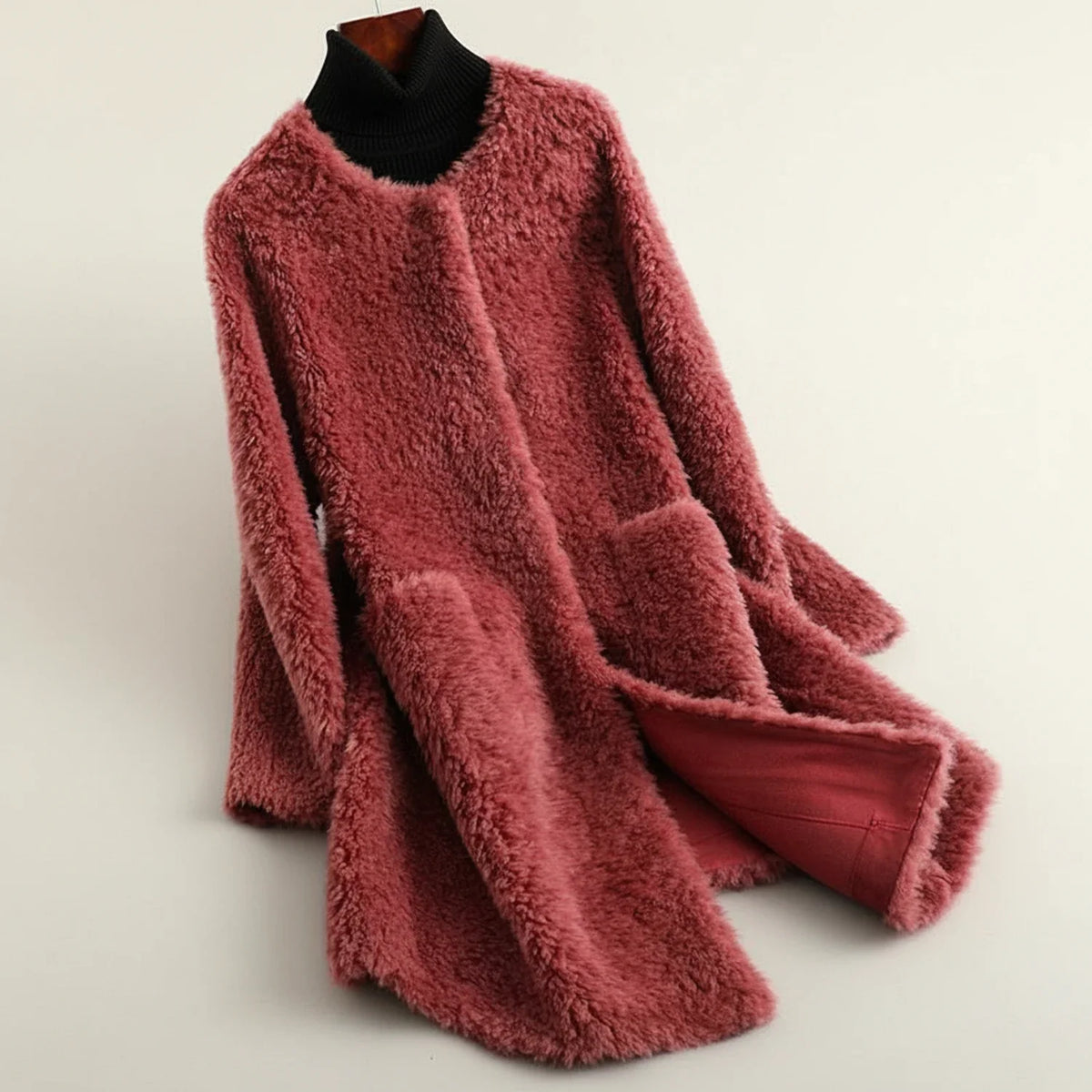 Wavlynn women's open front teddy coat long collarless silhouette cozy warm winter layering piece
