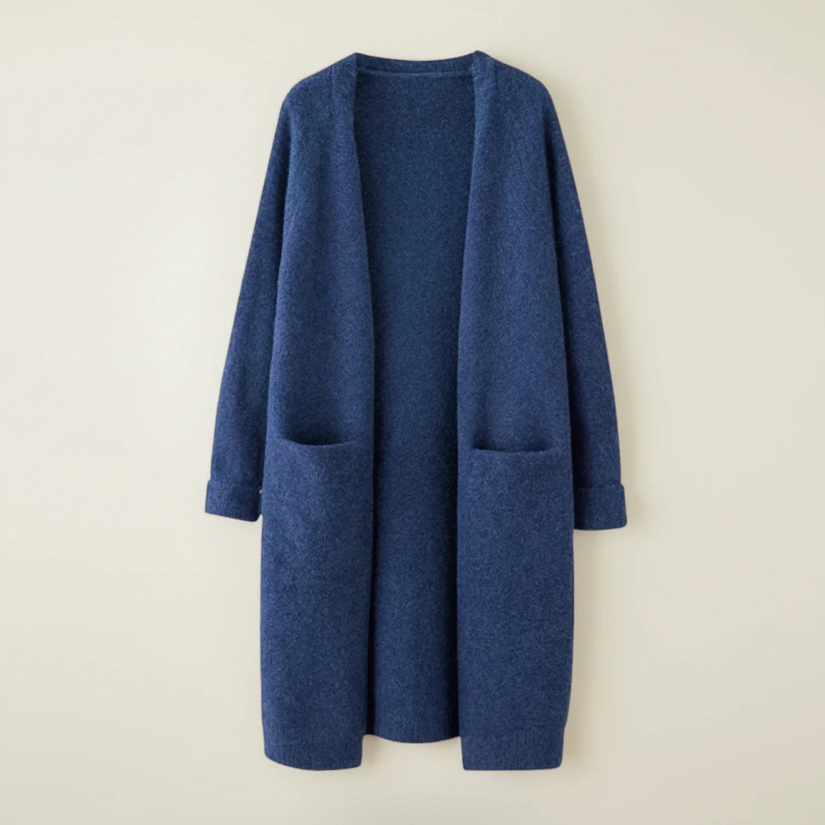 Women's longline open-front knit cardigan with patch pockets for cozy everyday layering