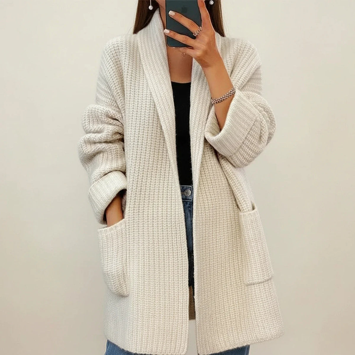 Women's oversized open-front knit cardigan shawl collar with patch pockets cozy layering essential
