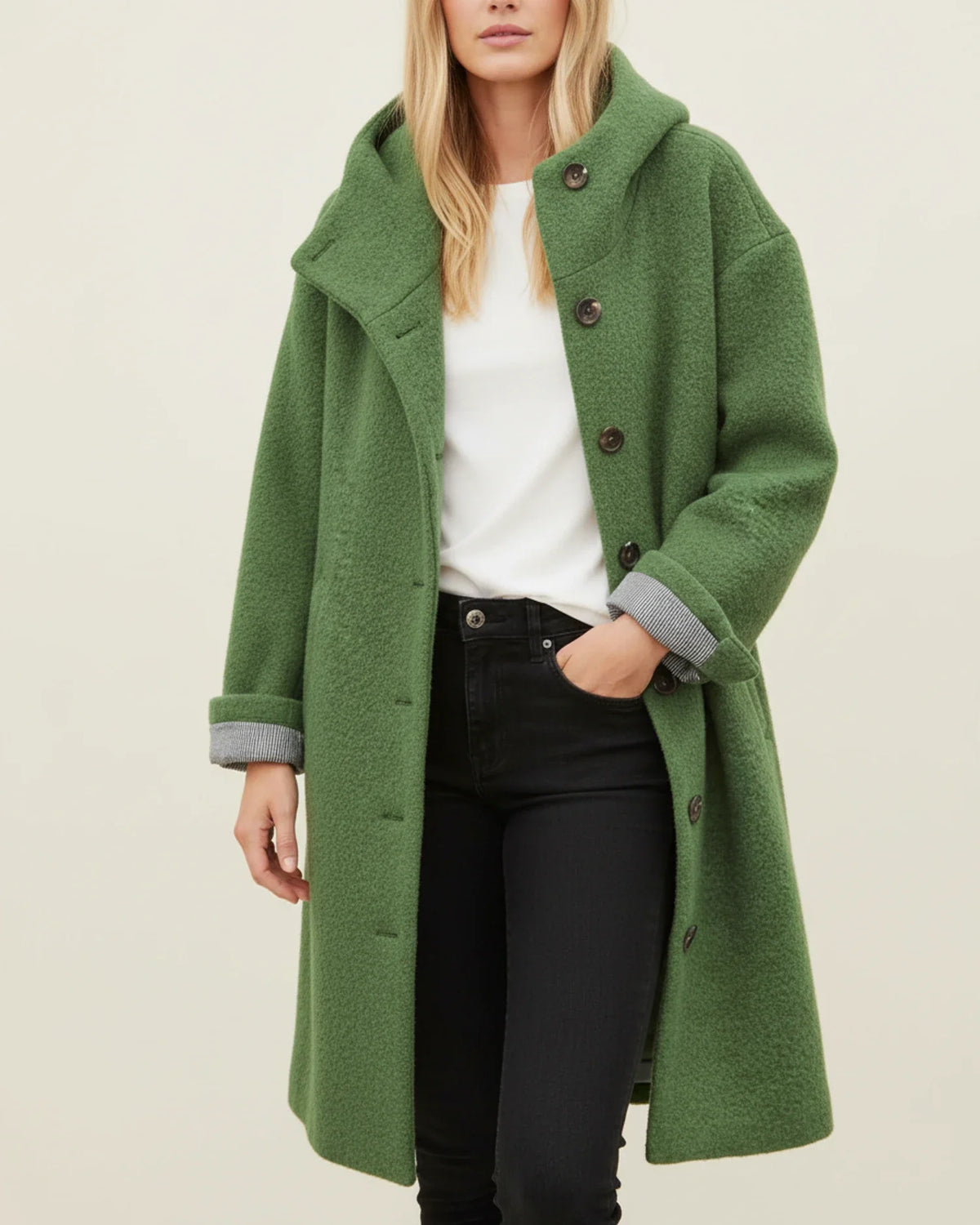 Women's oversized hooded teddy coat long winter outerwear button-front cozy warmth in neutral tone