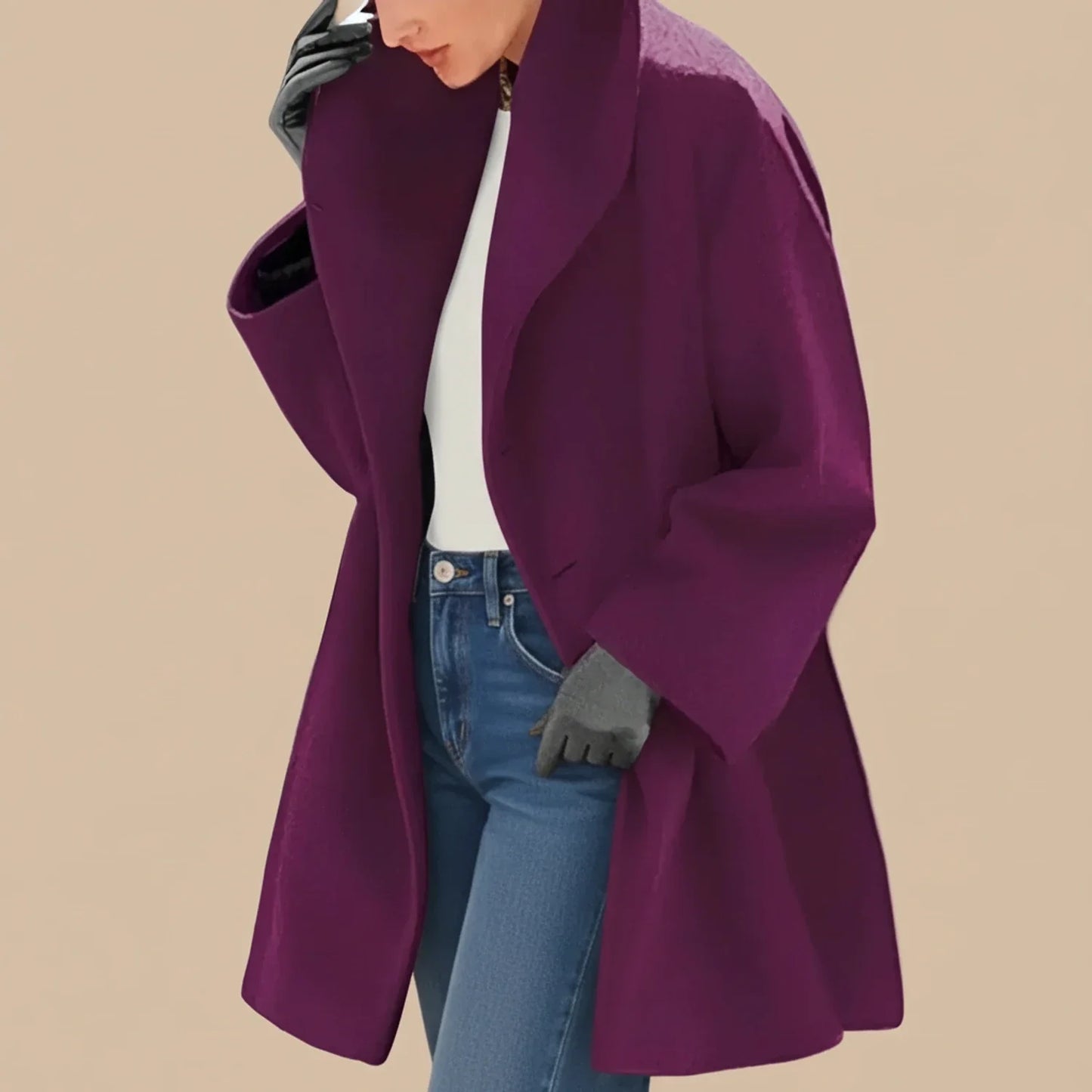 Women's mid-length oversized swing coat wide collar A-line silhouette winter outerwear modern professional style