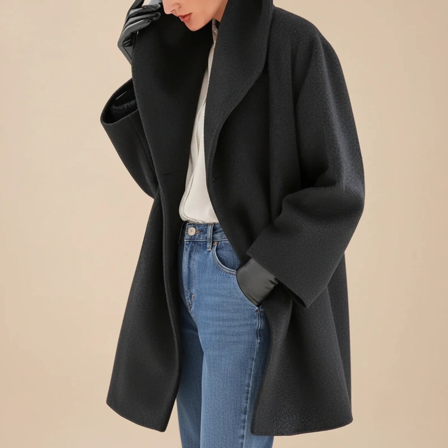 Women's mid-length oversized swing winter coat with wide collar, A-line silhouette for modern professionals
