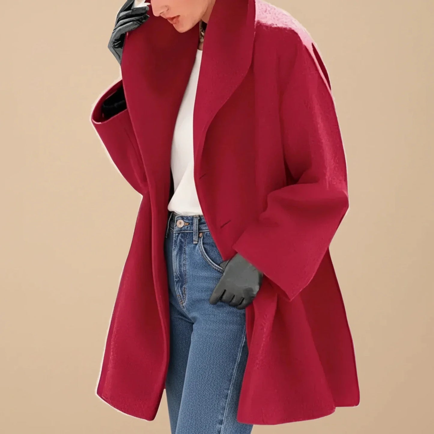 Women's mid-length oversized swing winter coat with wide collar, A-line silhouette for modern style