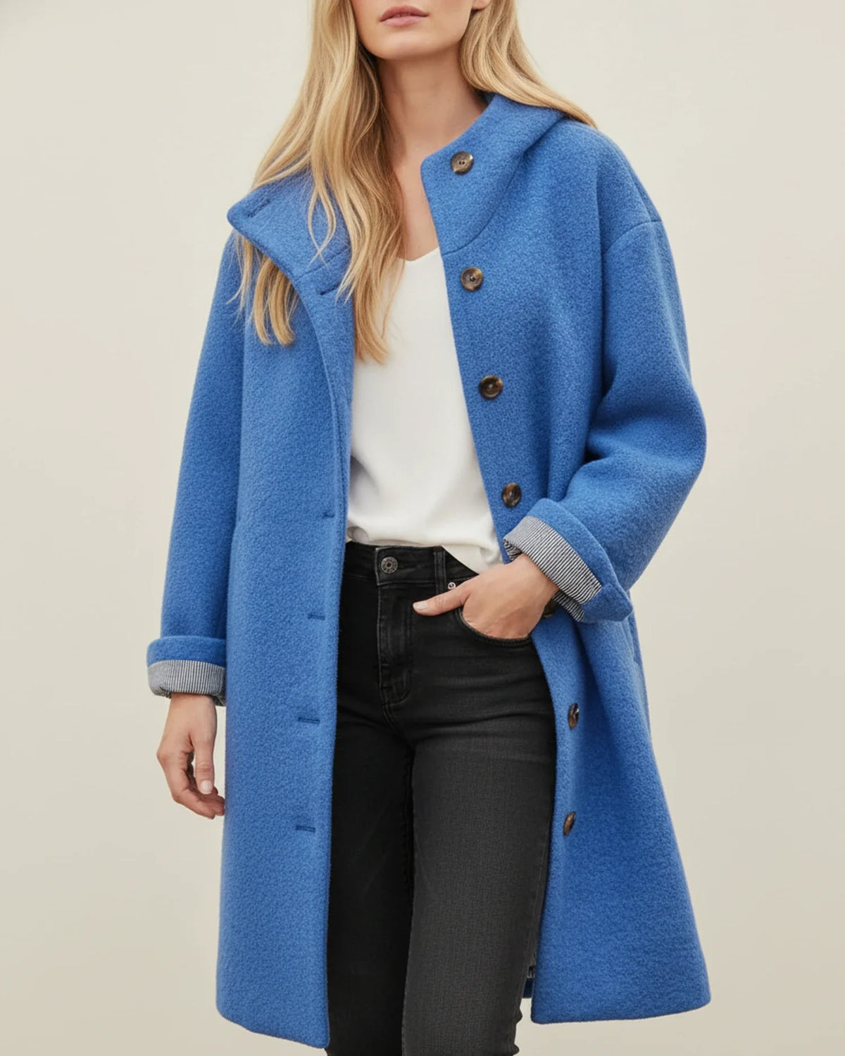 Women's oversized long teddy coat in cozy fabric with hood and button front closure for winter warmth