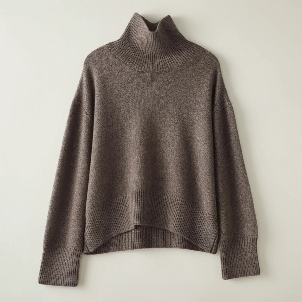 Women's oversized turtleneck knit sweater cozy hi-lo hem drop shoulder ribbed layering essential