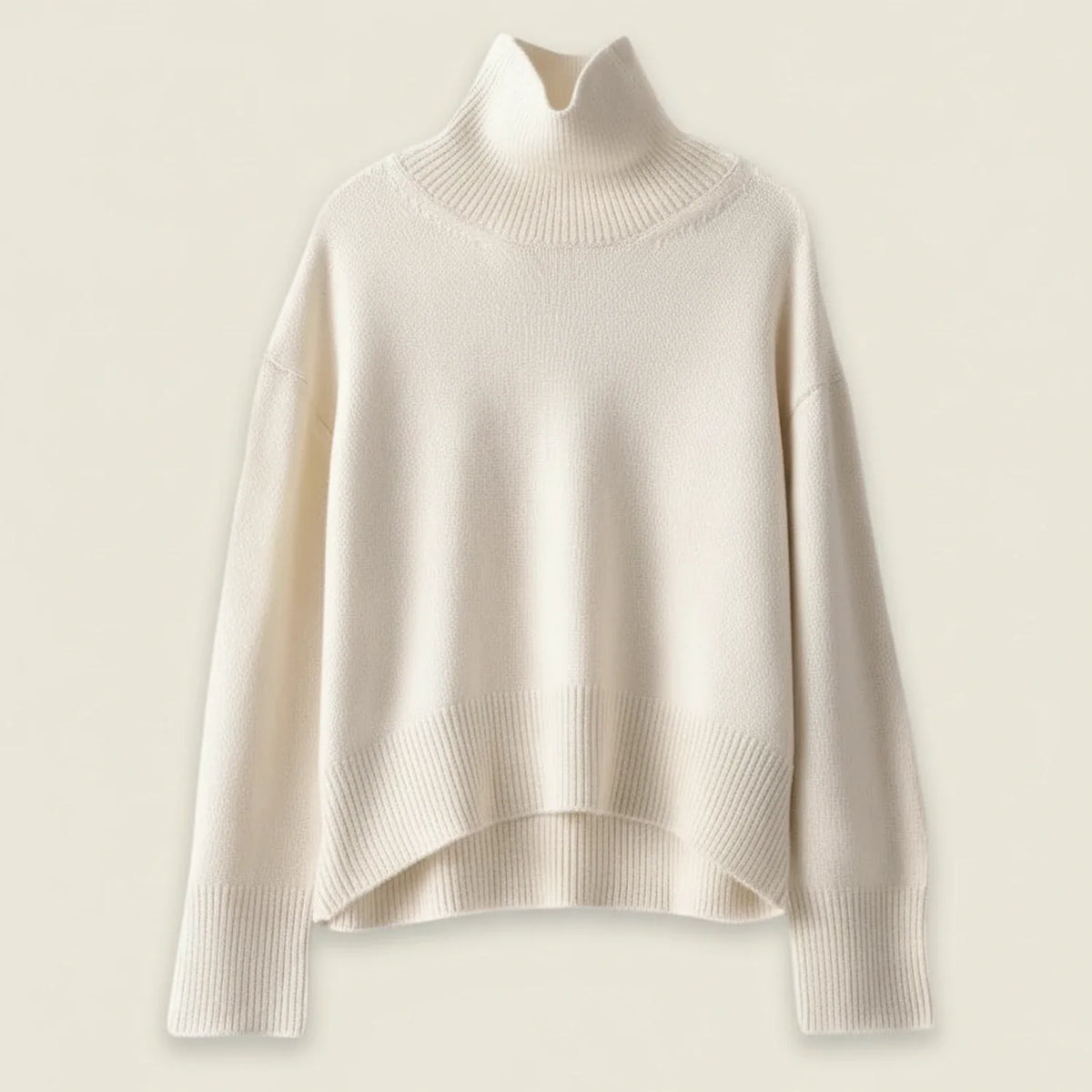 Women's oversized turtleneck knit sweater cozy hi-lo hem drop shoulder ribbed texture layering essential