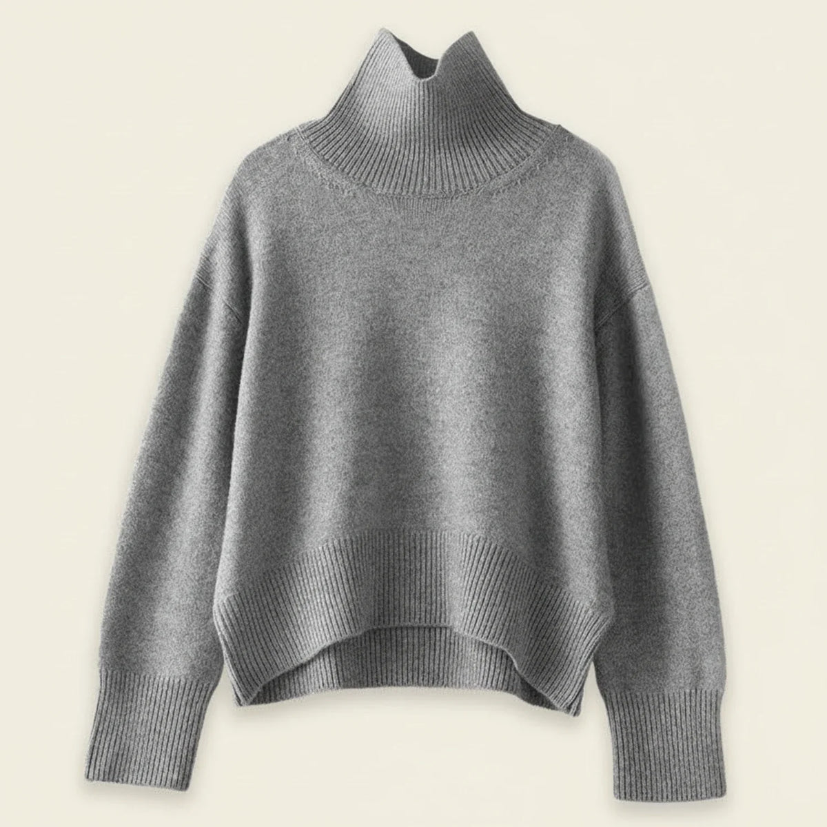 Women's oversized turtleneck knit sweater cozy hi-lo hem drop shoulder ribbed texture layering essential