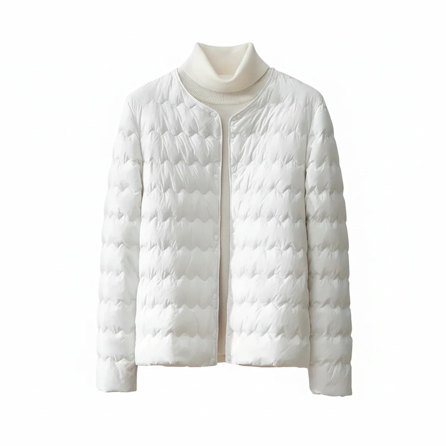 Women's collarless quilted puffer jacket lightweight button-front minimalist straight hem silhouette