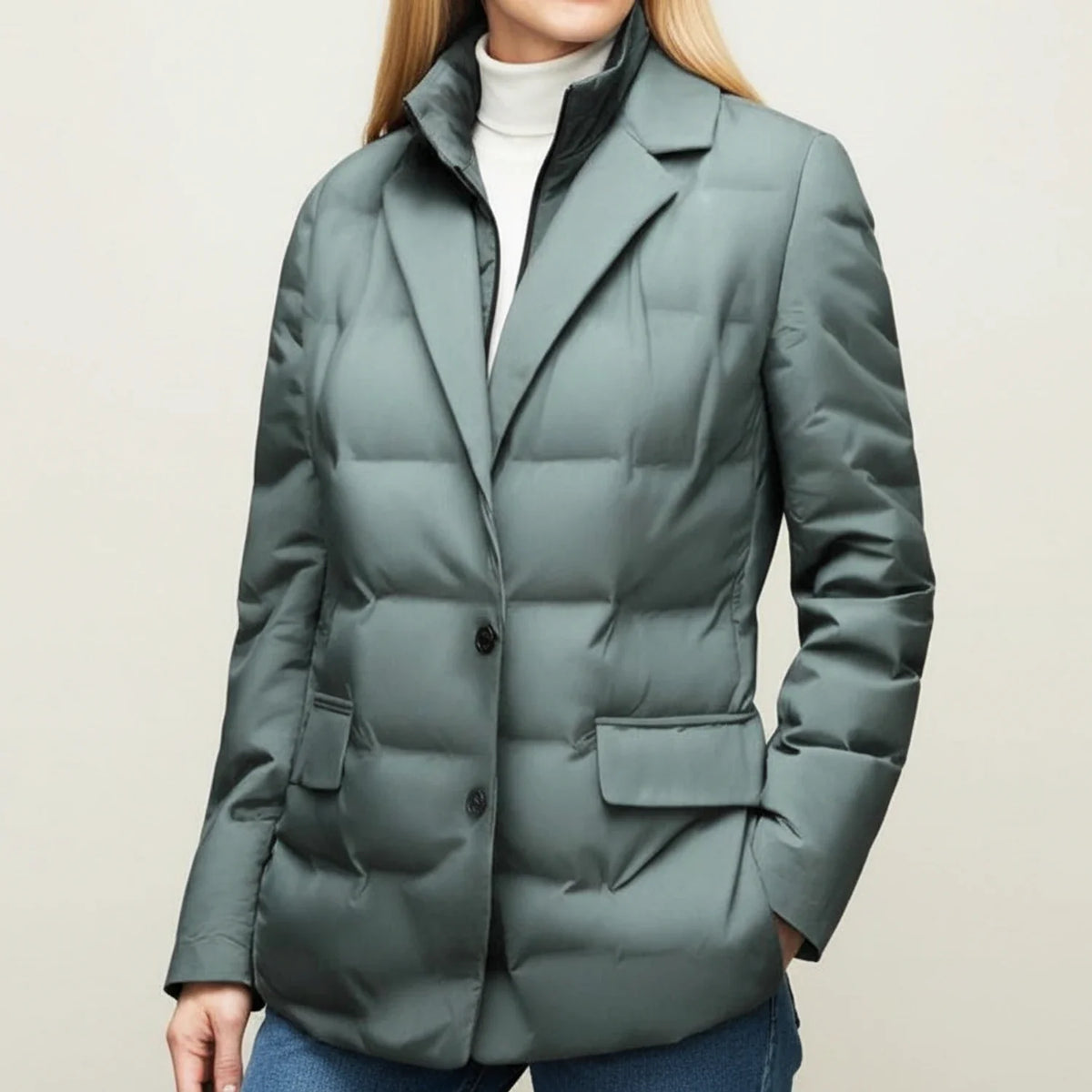 Women's quilted puffer blazer jacket in neutral tone, structured notch lapel with two-button closure