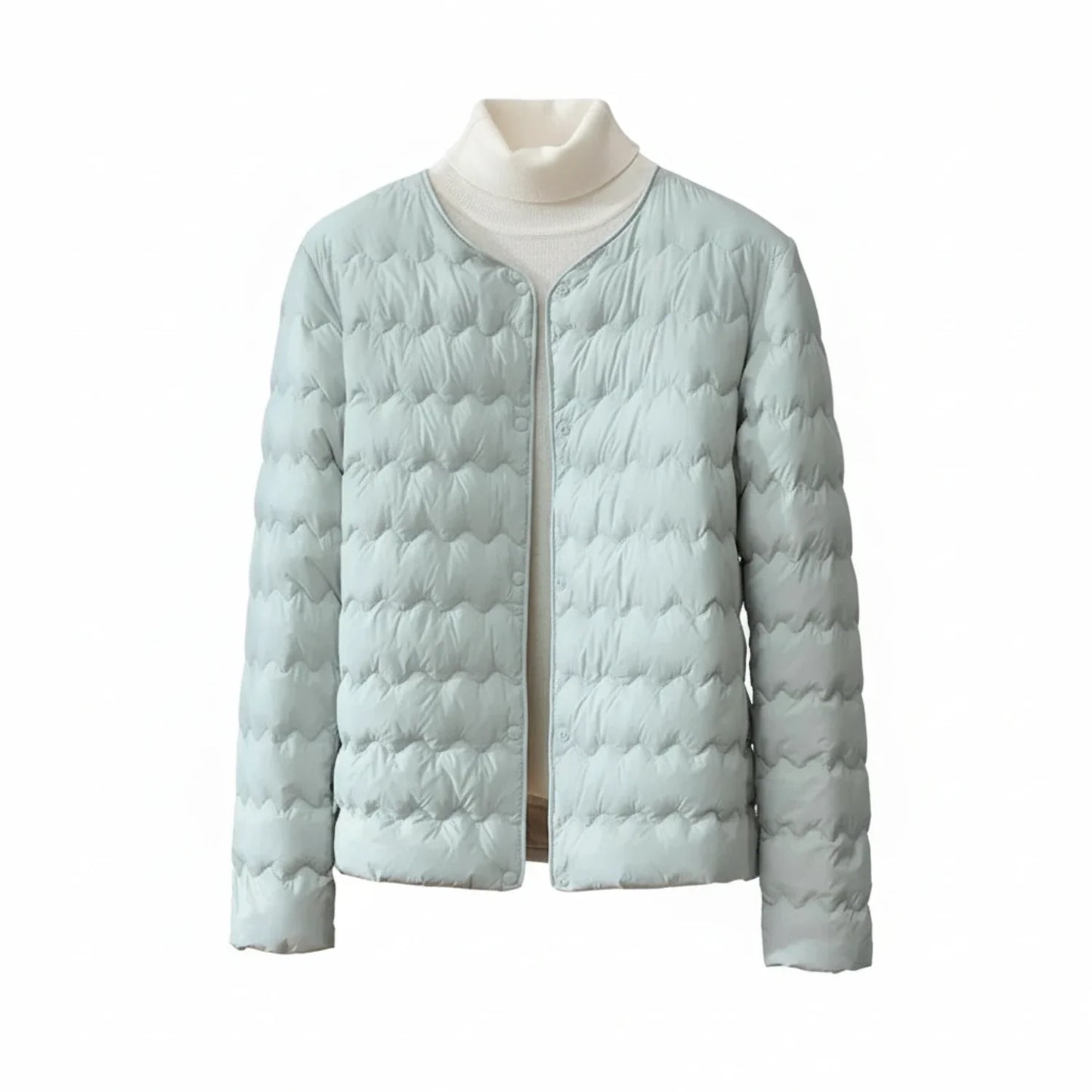 Women's collarless quilted puffer jacket lightweight button-front minimalist straight hem silhouette