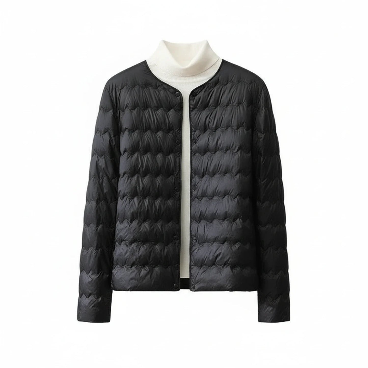 Women's collarless quilted puffer jacket lightweight minimalist button-front straight hem versatile layer