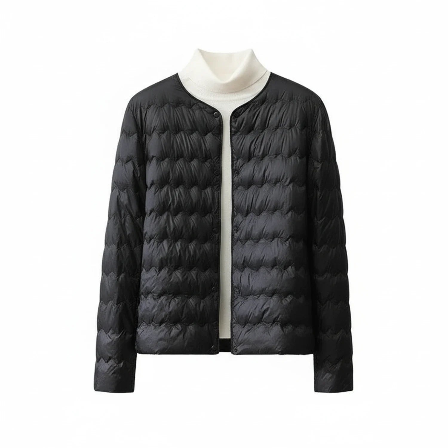 Women's collarless quilted puffer jacket lightweight minimalist button-front straight hem versatile layer