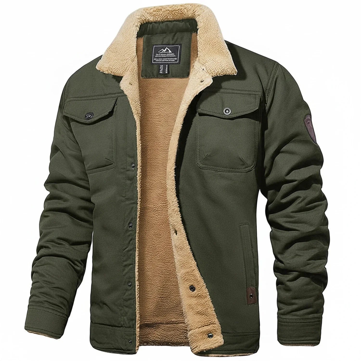 Men's black winter jacket sherpa collar fleece lining utility chest pockets cozy slim fit