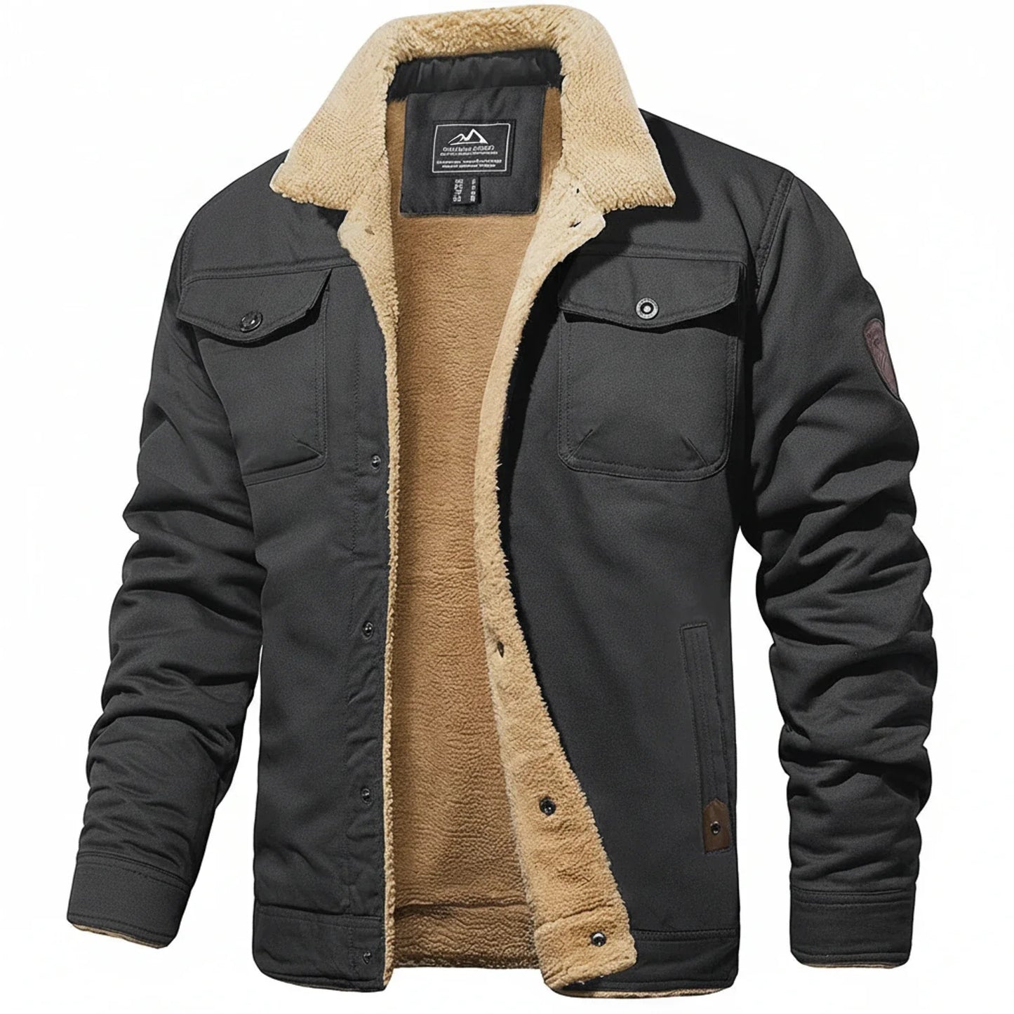 Black men's winter jacket sherpa collar fleece-lined utility chest pockets cozy slim silhouette