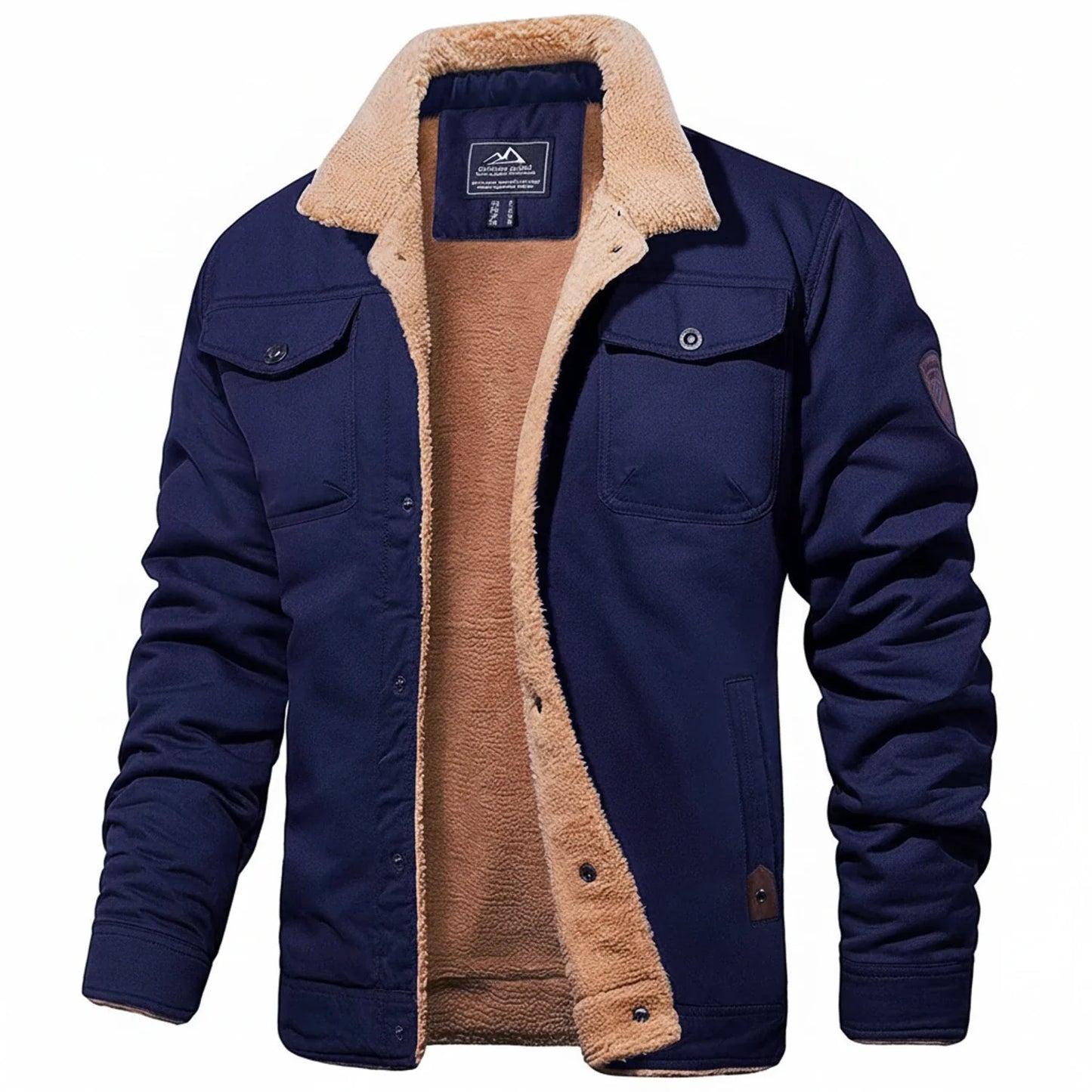 Men's black winter jacket sherpa collar fleece lining utility chest pockets cozy slim fit