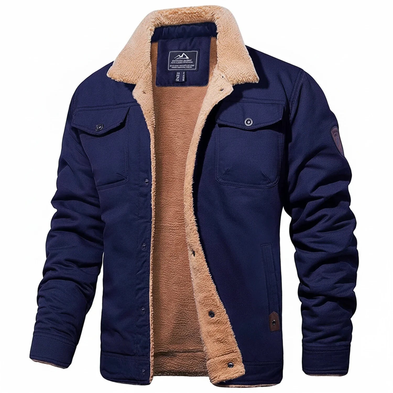 Men's black winter jacket sherpa collar fleece lining utility chest pockets cozy slim fit