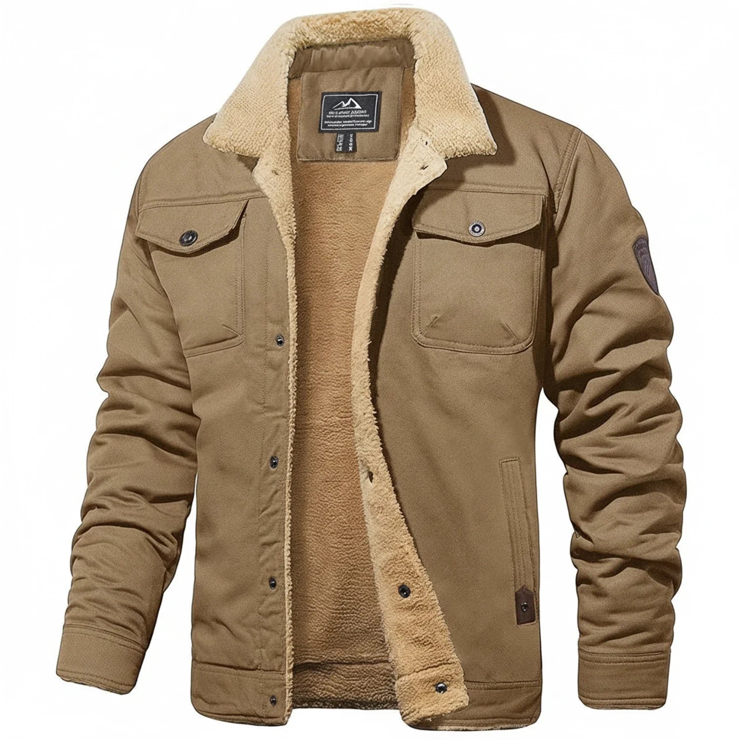 Men's black winter jacket sherpa collar fleece lining utility chest pockets casual style