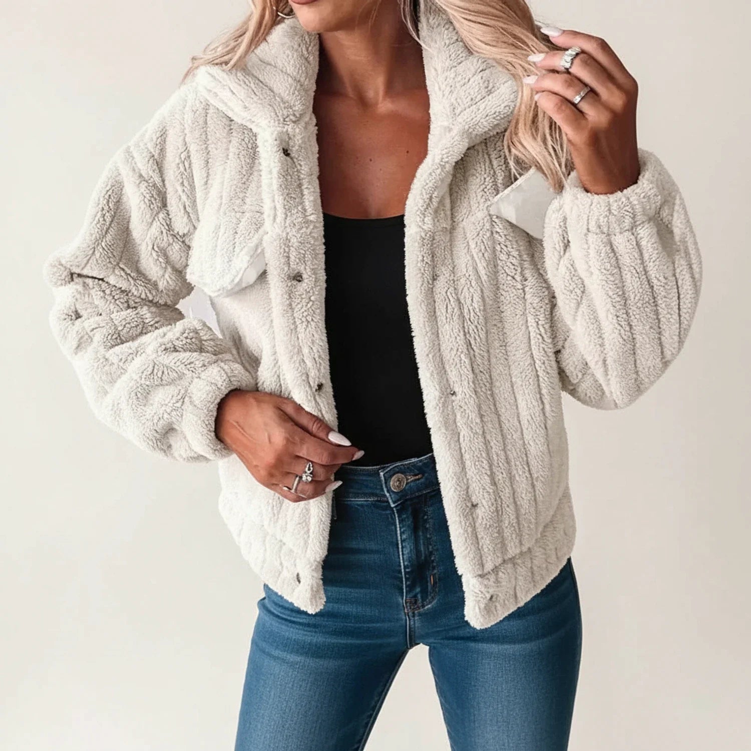 Women's beige teddy fleece jacket relaxed fit with patch pockets and button-down collar