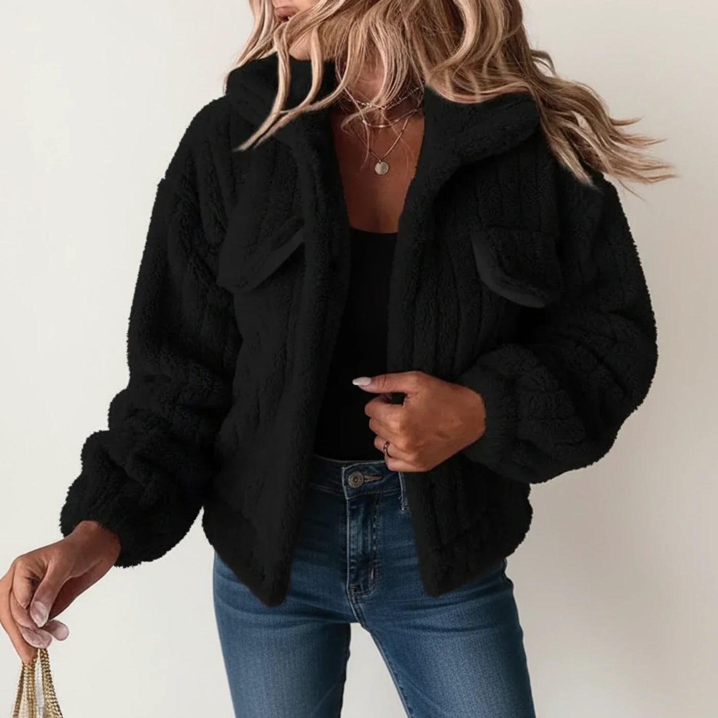 Women's beige plush teddy jacket relaxed fit with patch pockets for casual layering