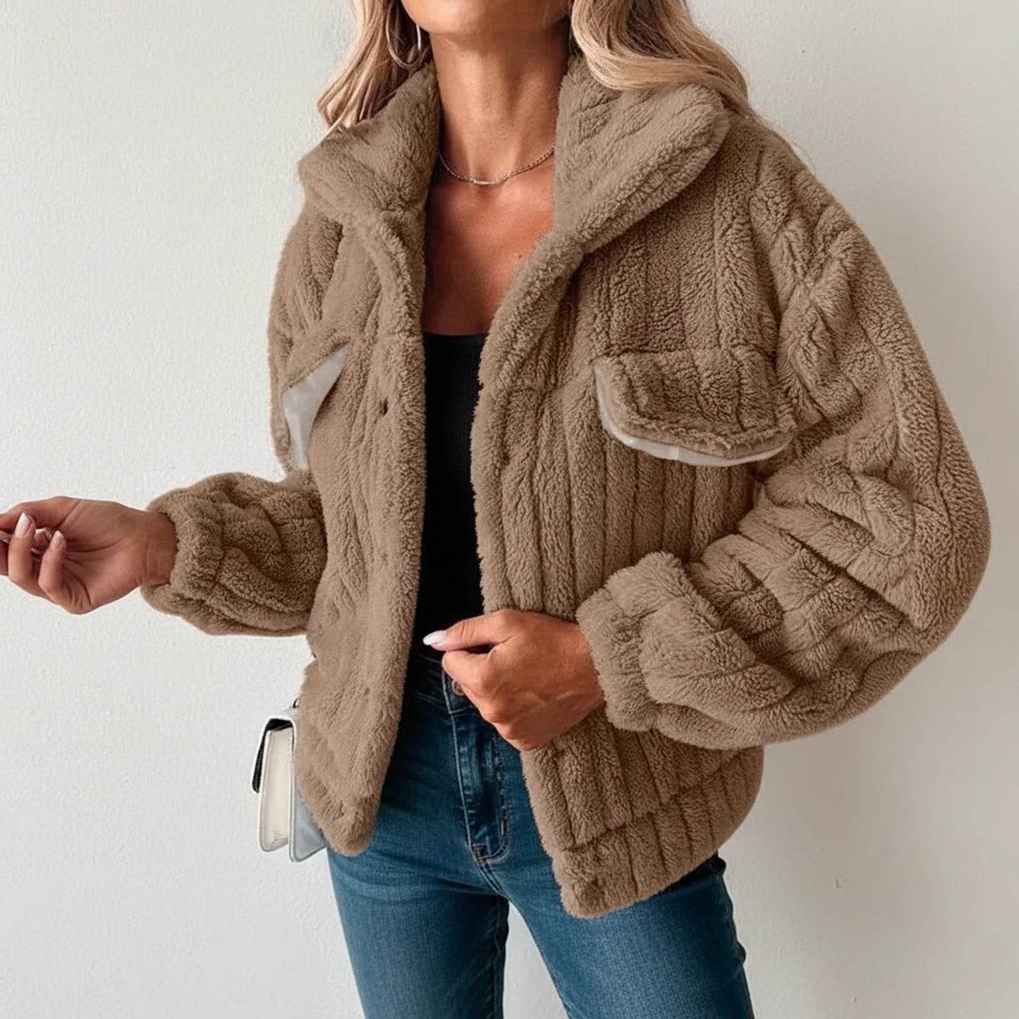 Women's beige teddy fleece jacket relaxed fit with patch pockets and button-down collar