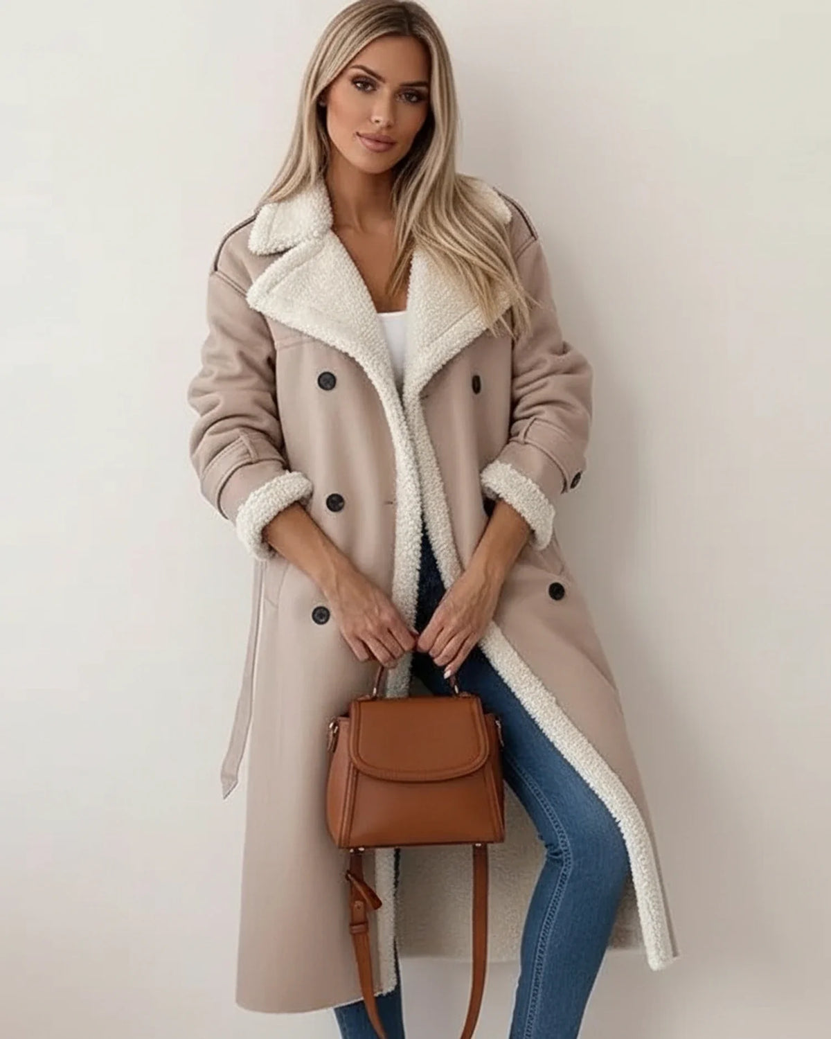 Women's beige sherpa long coat double-breasted belted winter outerwear with cozy sherpa trim