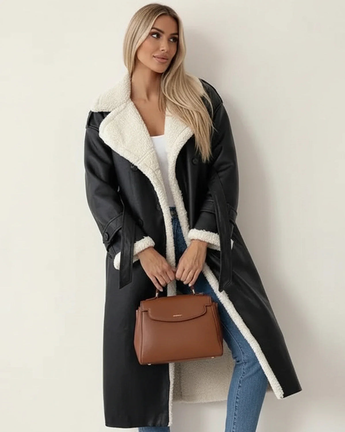 Women's camel sherpa long coat double-breasted belted silhouette with cozy sherpa trim