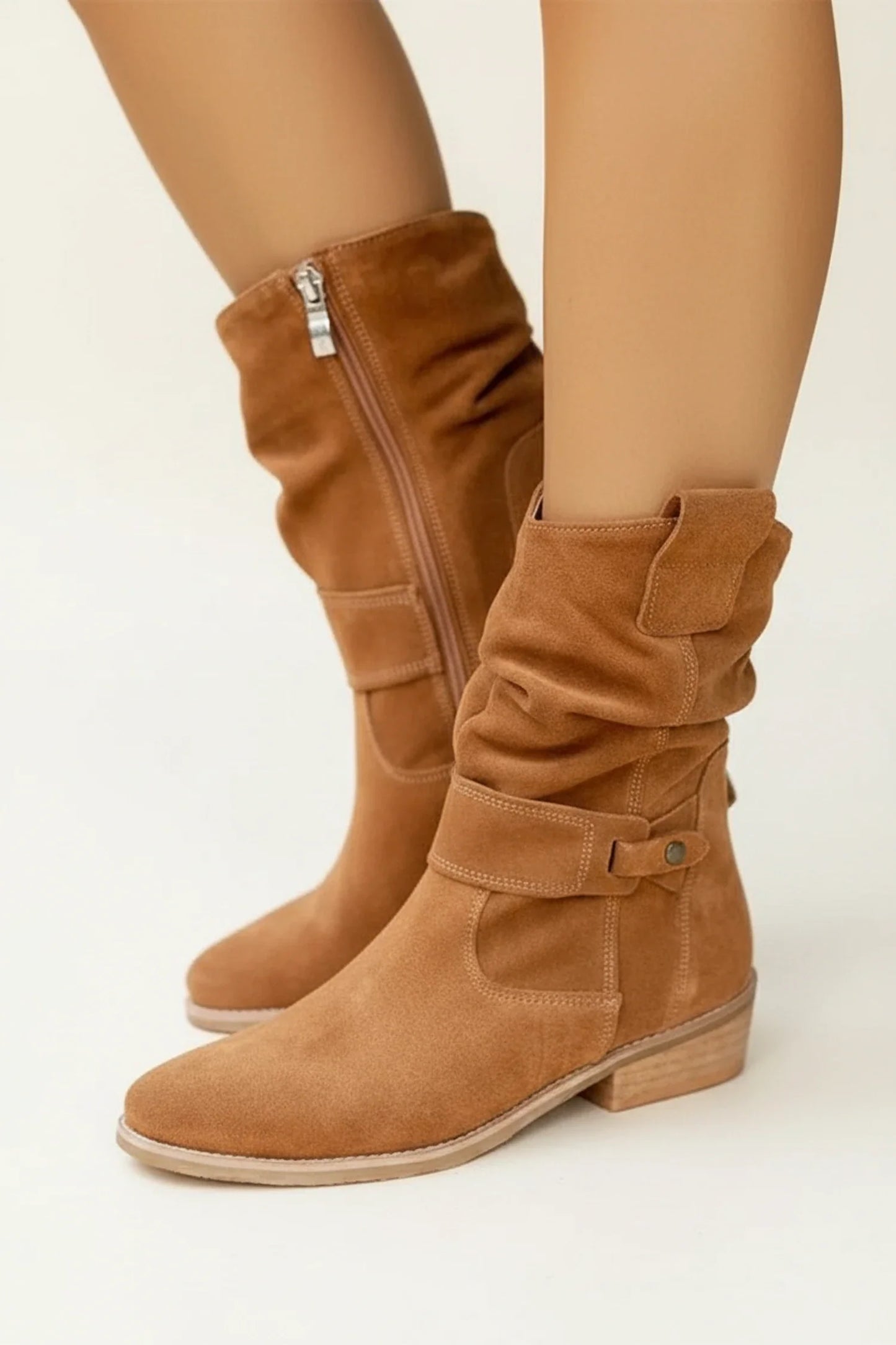 Women's brown slouch ankle boots with relaxed gathered shaft and buckle detail