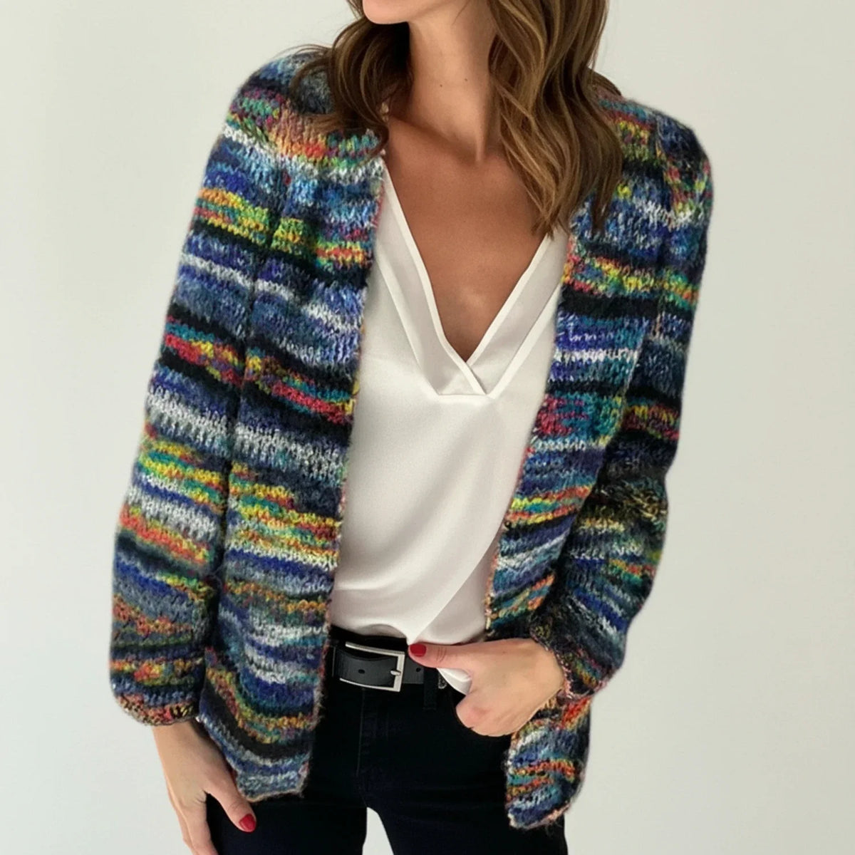 Women's striped knit cardigan open front lightweight layering essential in colorful pattern