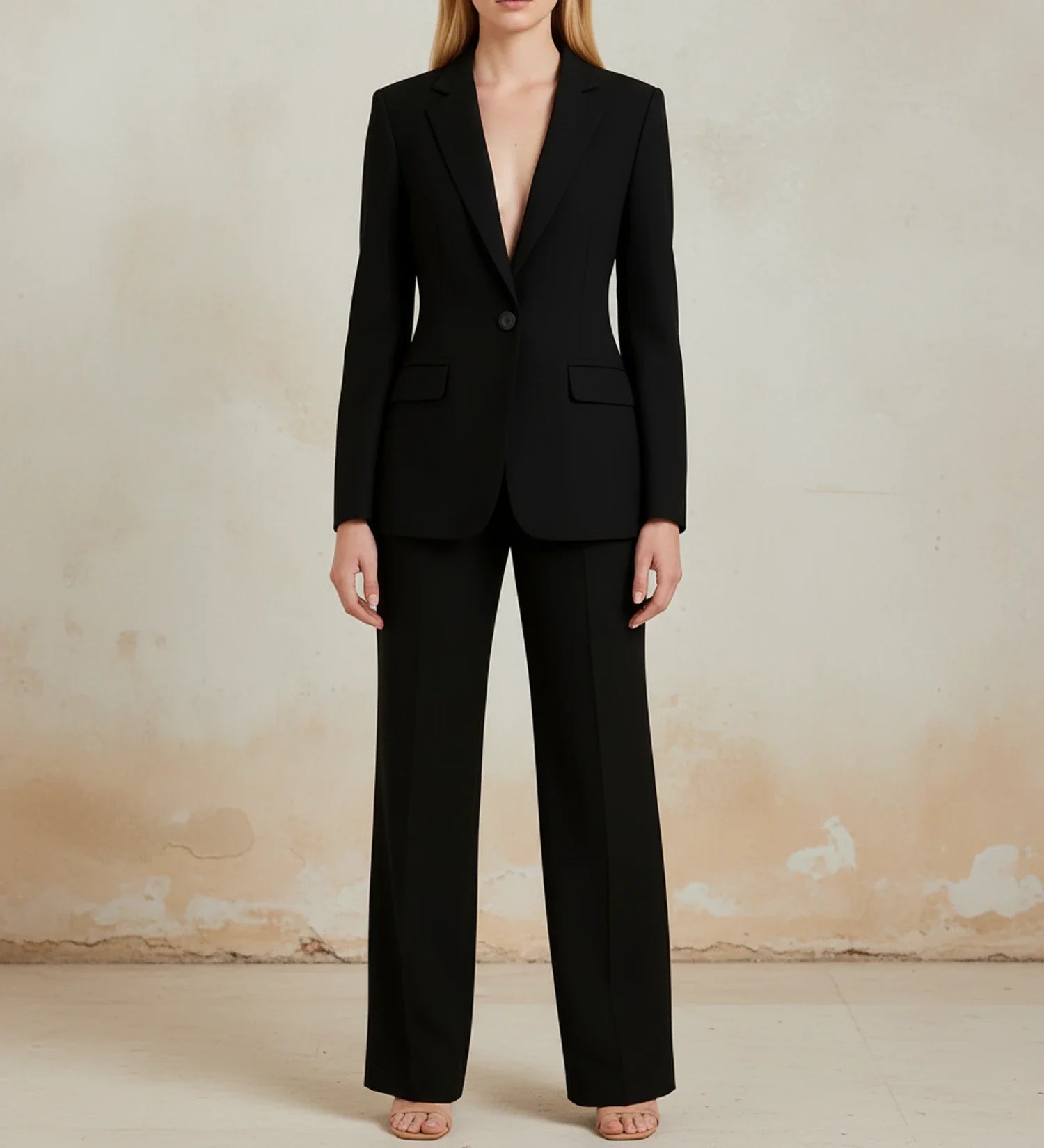 Women's tailored long blazer two-piece wide leg pant suit set chic office professional style