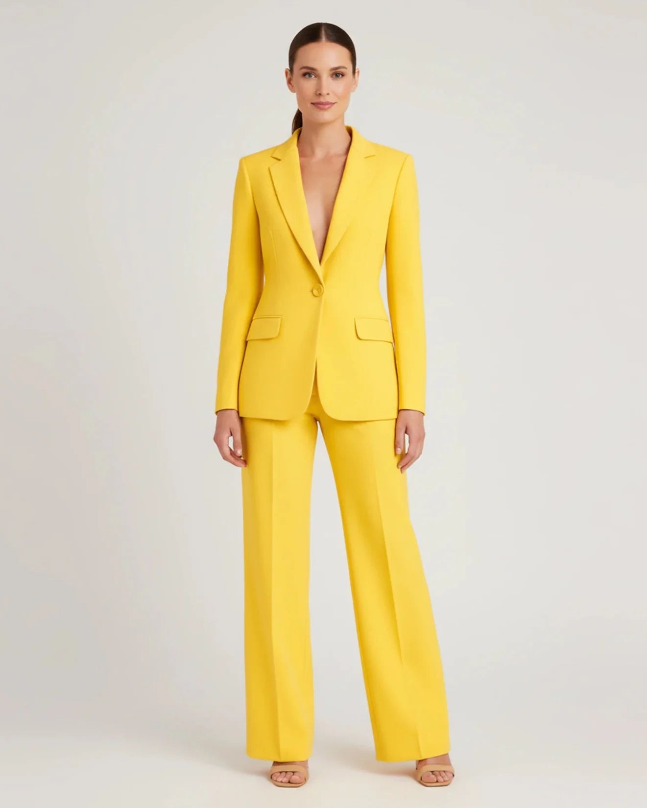 Women's chic tailored long blazer wide leg pant suit set for office and special occasions