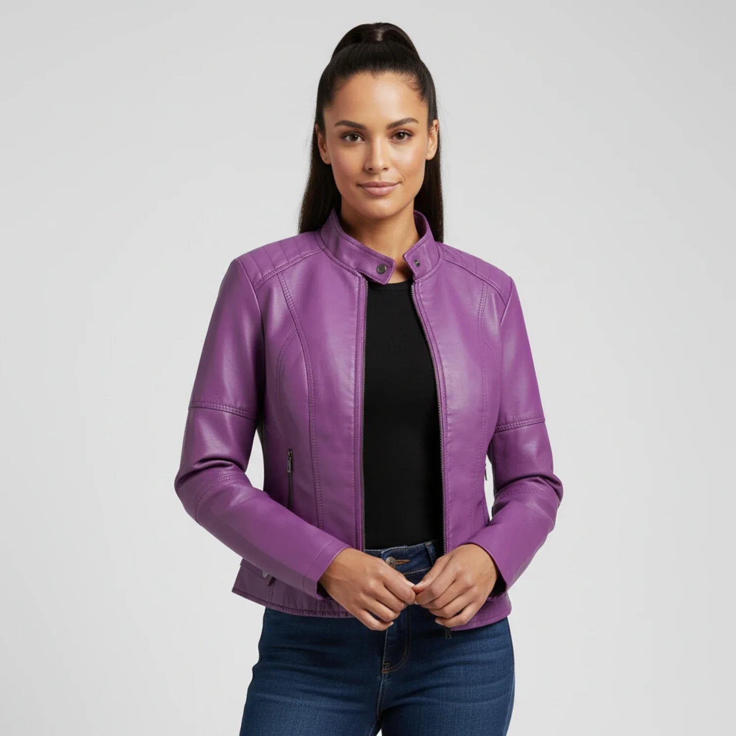 Women's black moto biker jacket with zip pockets, stand collar, and fitted silhouette