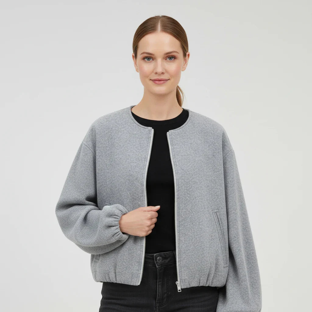 Women's cropped collarless bomber jacket with balloon sleeves, zip-up relaxed fit layering essential
