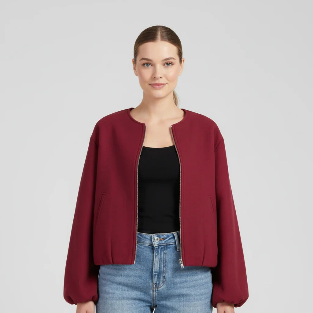Women's cropped collarless bomber jacket relaxed fit balloon sleeves zip-up layering essential