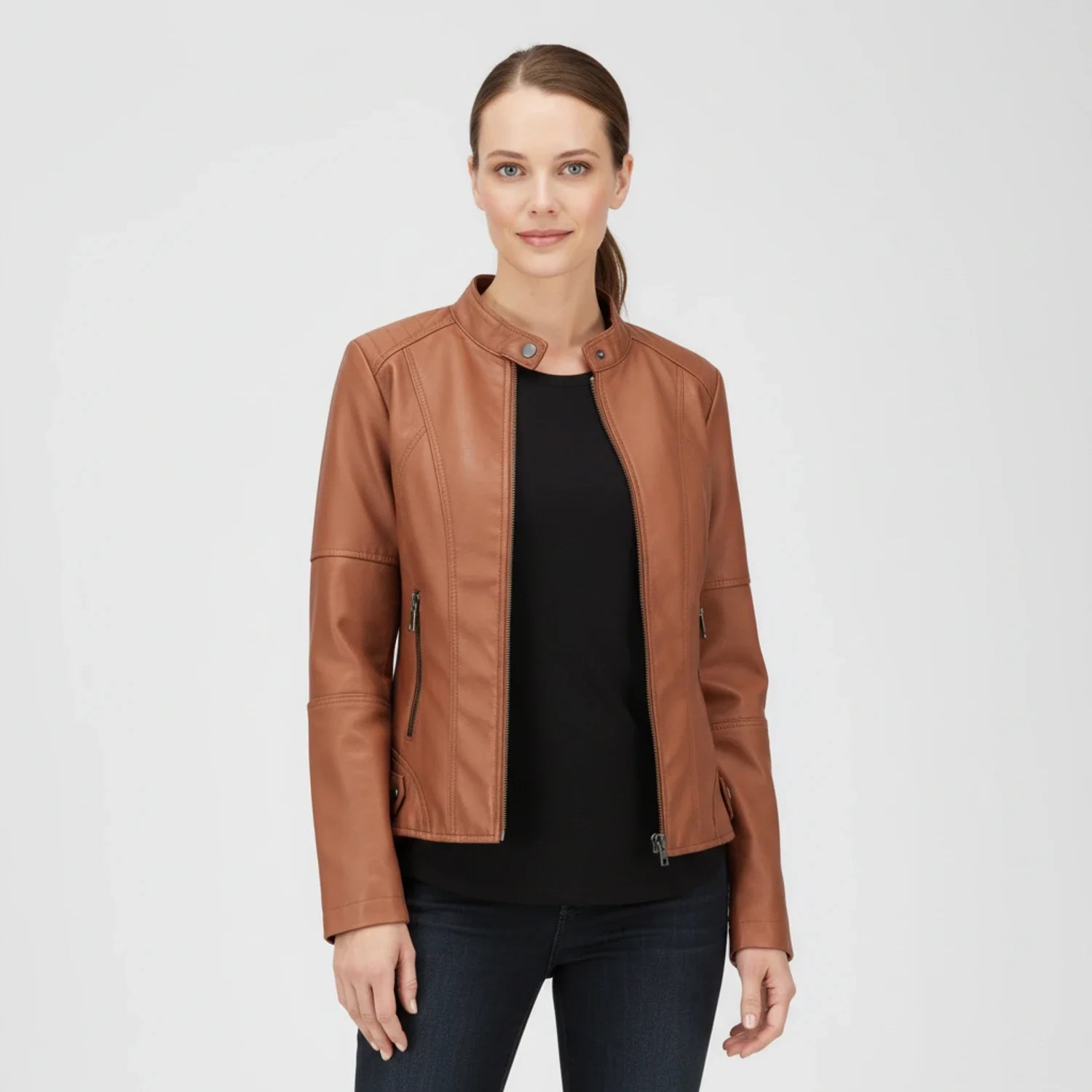 Women's black moto biker jacket with zip pockets, stand collar, and fitted silhouette