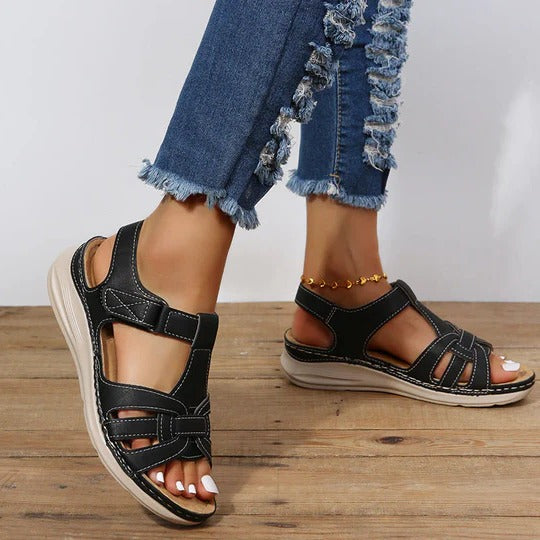 Women's adjustable open-toe sandals with three hook-and-loop straps and contoured supportive footbed