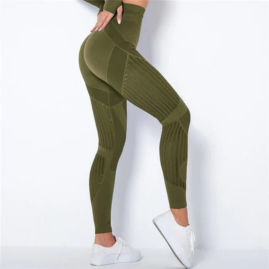 Women's high-rise black supportive leggings with anti-cellulite texture and body-contouring silhouette
