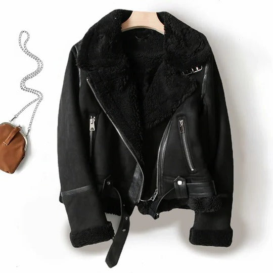 Women's dark textured half-length bomber jacket with ribbed cuffs, lined interior, relaxed fit