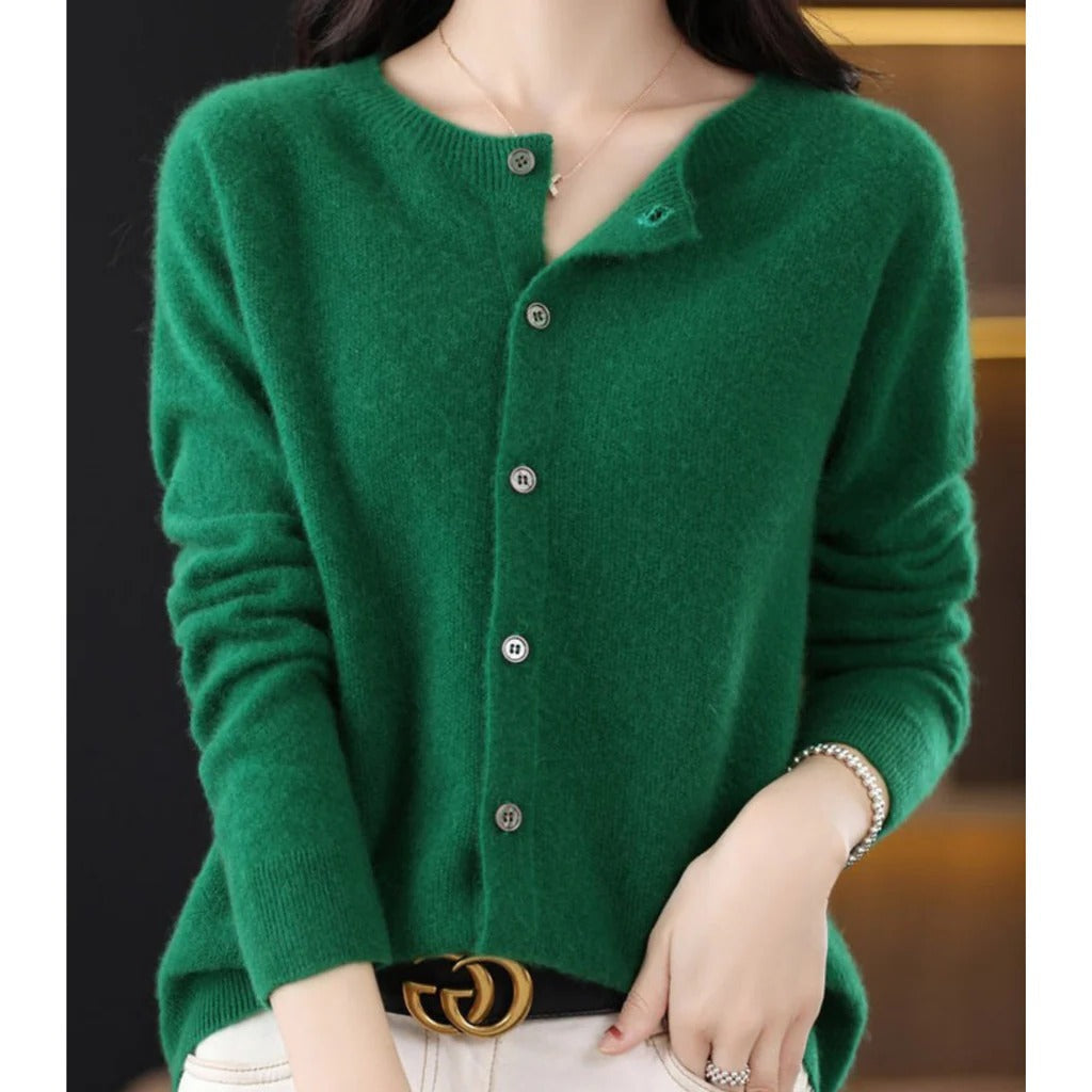 Women's cozy knit cardigan soft V-neck front button pullover in warm neutral tones for everyday wear